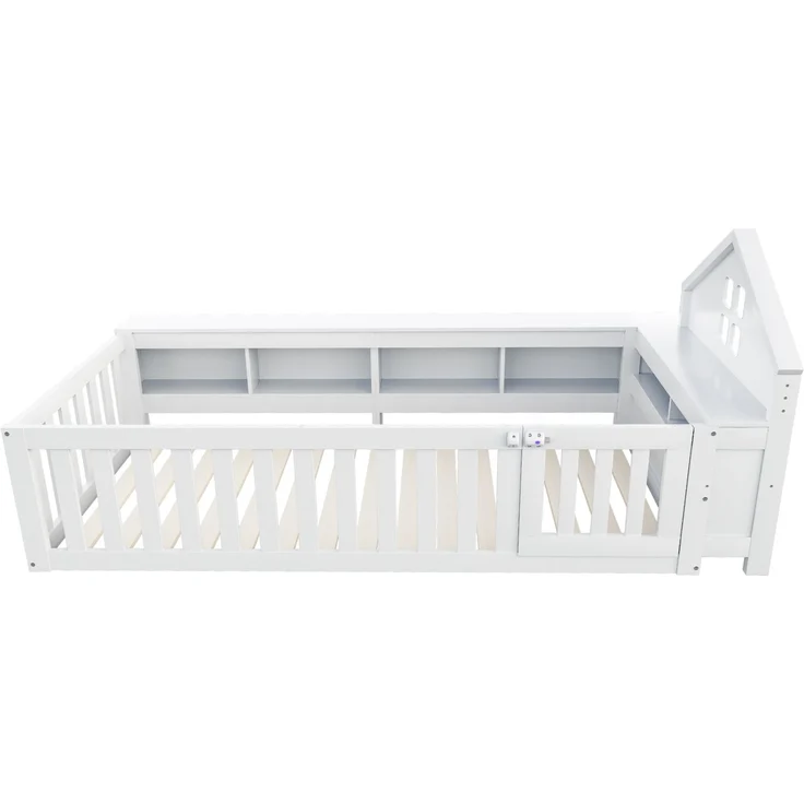 Kinder Hausbett aus Massivholz mit Stauraum, Sicherheitsgeländer & kleiner Tür,mit Dachdesign, Fensteroptik & Regalfächern,Weiß – Bild 9