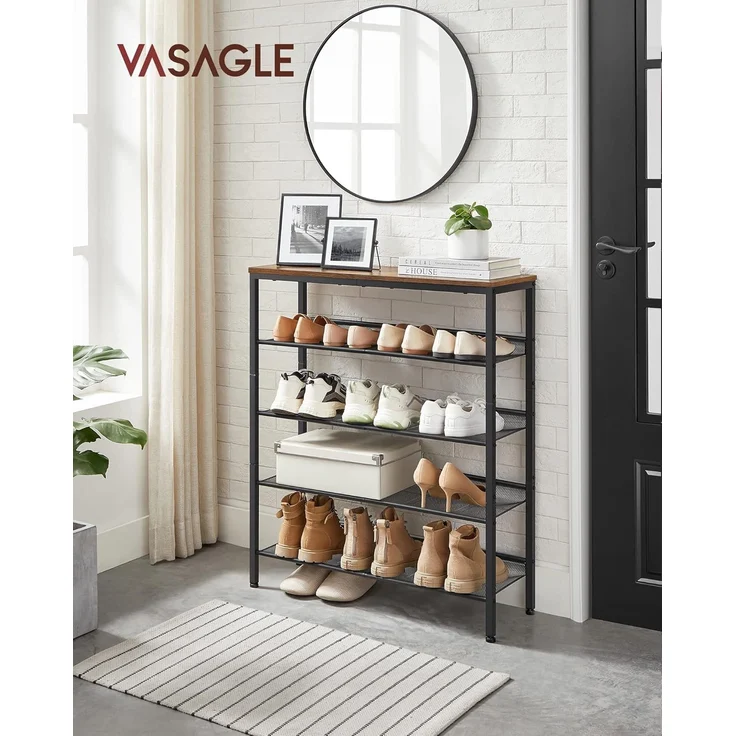 Vasagle Schuhregal 5-stöckig, Holzspanplatte Vintagebraun/Schwarz, 28 x 75 x 93 cm – Bild 2