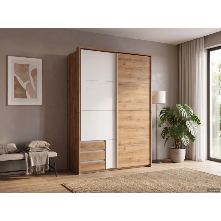 Schwebetürenschrank 2trg Kleiderschrank 138cm Eiche Weiß Schubladen Passepartout – Bild 3