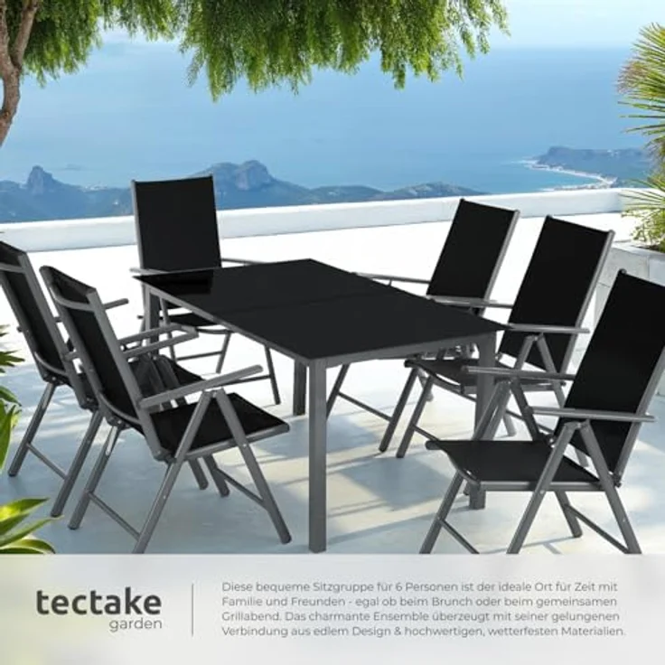 tectake® Sitzgarnitur Aluminium Klappstühle, Lounge Set mit 6X Stühle und 1x Glastisch Esstisch, Gartenmöbel Set wetterfest für den Balkon, Gartenstühle, Terrassenmöbel, Liegestuhl - anthrazit – Bild 5