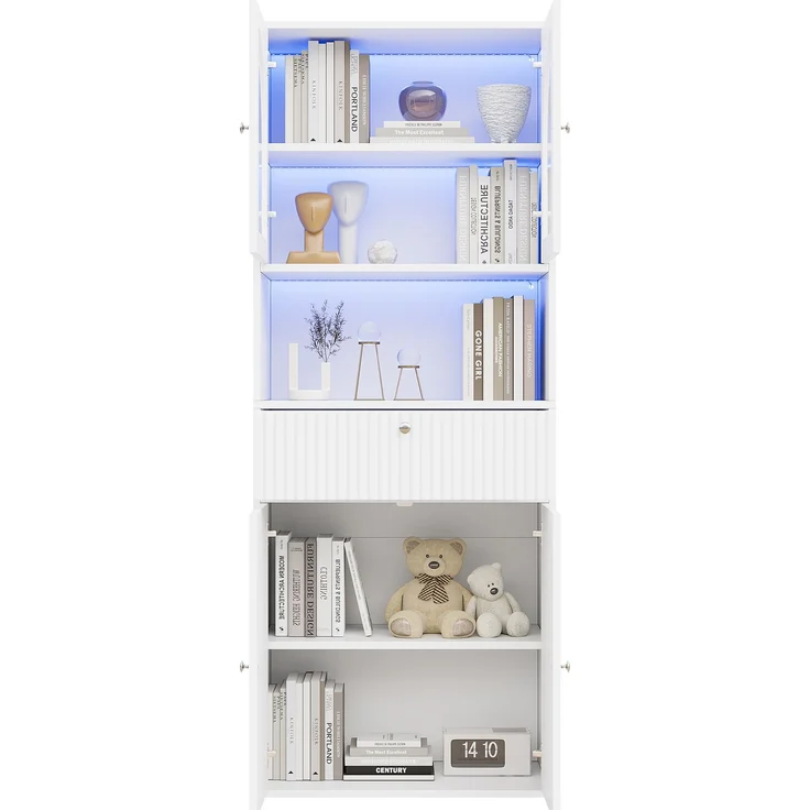 ZUBALIYA LED Glasvitrine, Bücherschrank, Büroschrank mit RGB LED Lichtleisten, Figurenvitrine, Stauraumschrank, Büromöbel, mit Schubladen, Sammlervitrine, Hochschrank, LED Beleuchtung, Weiß, 70 x 35 x 180 cm – Bild 10
