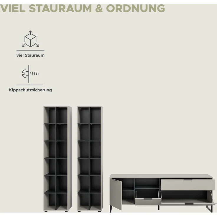 Wohnkombination B/H/T: 305x192x41 cm in Kaschmir Nachbildung und schwarz – Bild 9