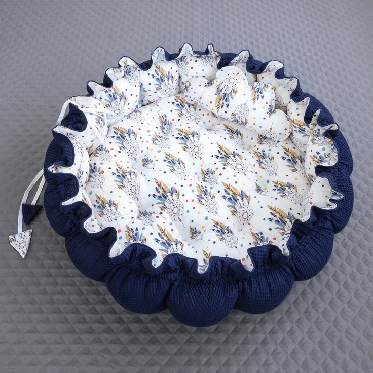 Loolay Bettnestchen Zweiseitig ENGELSNEST XXL Premium WAFFELPIQUE + Decke + Kissen, (Waffepique DUNKELBLAU/ Traumfänger ECRU Ausstattung SET, 2-tlg, Babynestchen Waffel Baumwolle BABYNEST Krabbeldecke Reisebett), Babynestchen Waffel Baumwolle BABYNEST ... – Bild 2