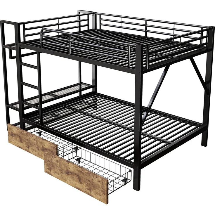 Etagenbett mit Schubladen, RGB LED-Streifen, Kleiderstange, Regal, Lattenrost und Leiter, 140x200 cm, Kinderbett mit Rausfallschutz, Metallbett – Bild 7