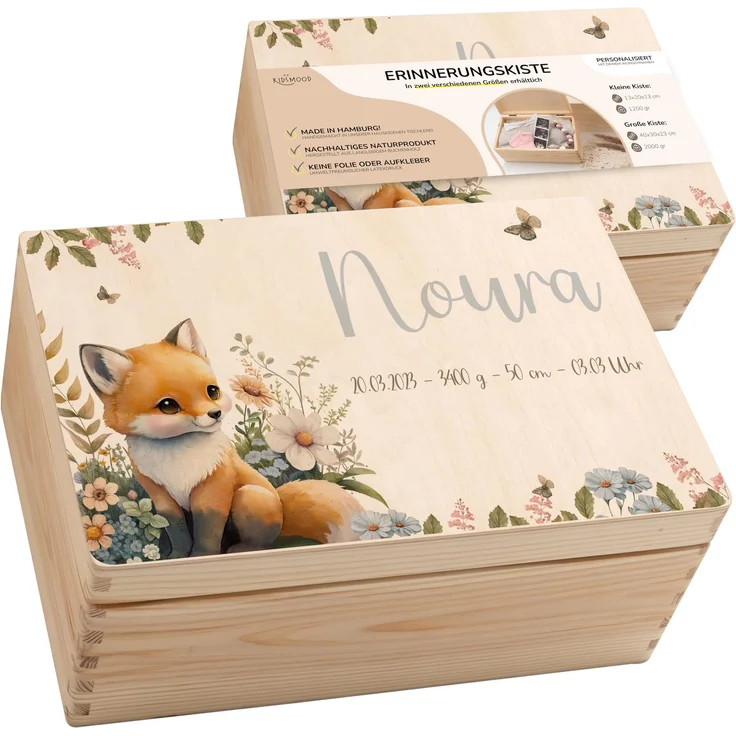 KIDSMOOD - Erinnerungsbox Baby, personalisierte Holzkiste mit Deckel, Ideal zur Aufbewahrung von Erinnerungen und als Geschenk zur Geburt, Taufe oder als Geburtstagsgeschenk für Mädchen und Jungen