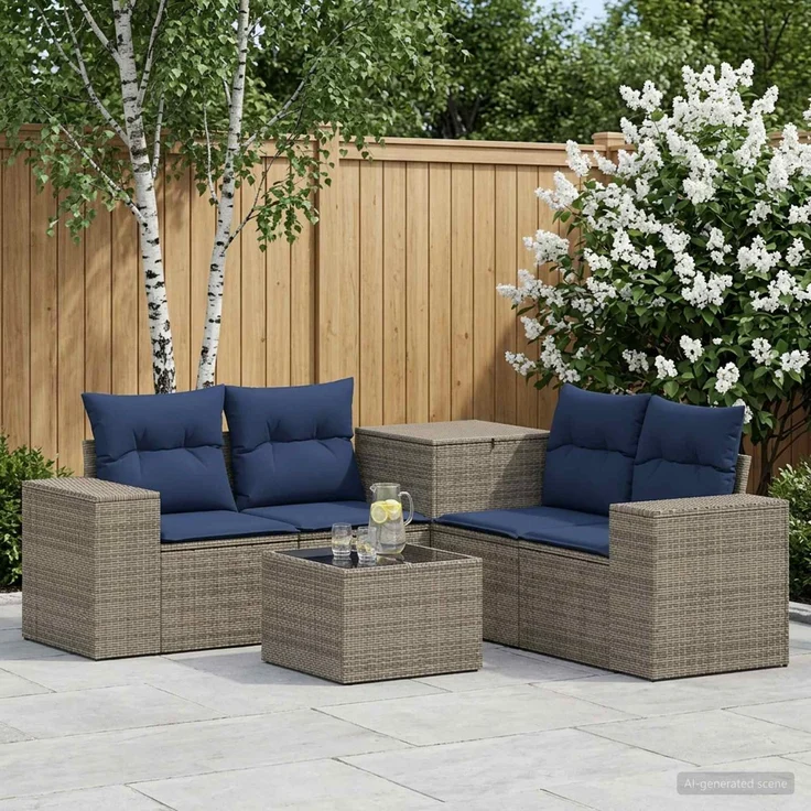 vidaXL Sofa Set 6 stk. Grau und Marineblau Polyrattan und Stahl 3447569 – Bild 1