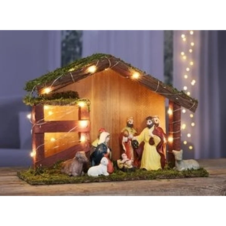 GartenHero Krippe LED Weihnachtskrippe Holz Krippenstall Licht Figuren Krippenfiguren, Holz und Porzellan – Bild 4