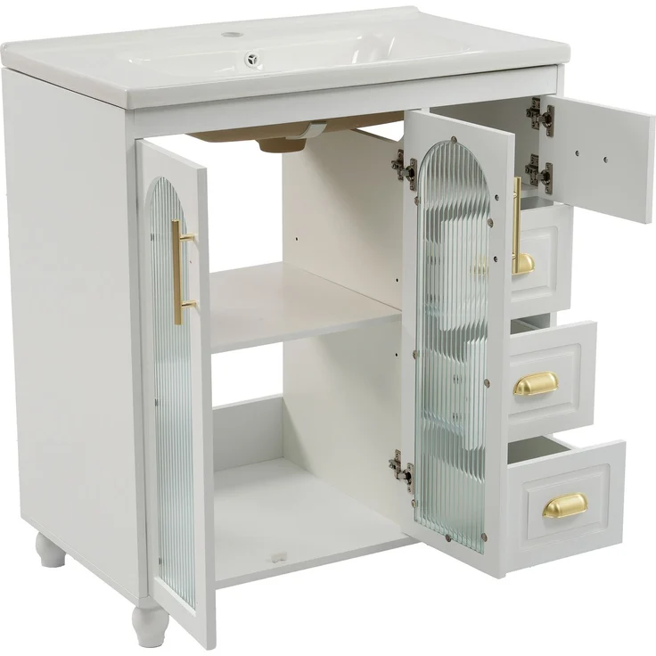 Waschtisch mit Unterschrank H 90 x T 80 x B 47 cm aus MDF in Weiß, mit Keramikbecken – Bild 8