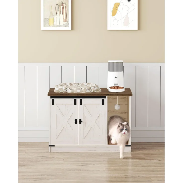 Katzenschrank, Katzentoilette, Katzenklo Schrank, Versteckte Katzentoilette Kabinett Möbel mit Katzenglocke, Indoor-Katzenhaus, 80 x 50 x 53 cm, für Flur, Schlafzimmer, Vintagebraun-Weiß – Bild 1