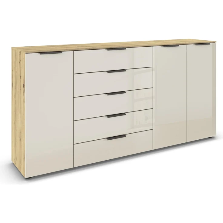 Rauch Möbel Flipp, Kommode für Schlafzimmer, Kinderzimmer, Wohnzimmer, Flur, Garderobe, 3-türig, 5 Schubladen, mit Softclose-Funktion, Farbe Eiche Artisan, Holz/Glas Beige, Breite 199 cm – Bild 1