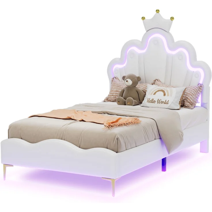 Merax Einzelbett, Polsterbett 90*200cm, Kinderbett kronenförmiges Prinzessinnenbett, weiche Polsterung aus PU-Leder, verstellbarer LED-Umgebungslichtstreifen, weiß – Bild 10