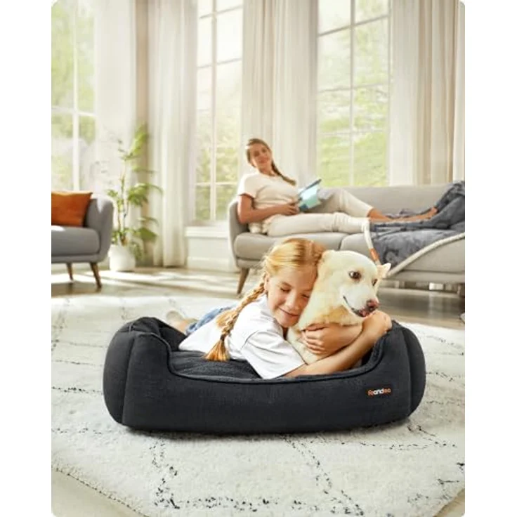 Feandrea Hundebett, Hundekissen in Leinenoptik, Hundekorb, erhöhte Ränder, rutschfeste Unterseite, Bezug abnehmbar waschbar, L, für mittelgroße Hunde, 90 x 75 x 25 cm, dunkelgrau PGW011G01 – Bild 3