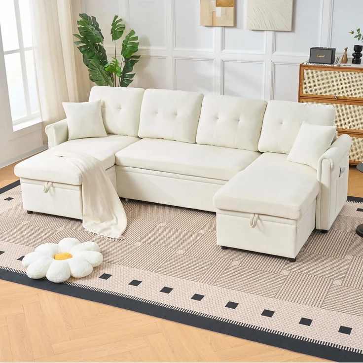U-Form-Ecksofa ca. 266x130x85 cm mit Schlaffunktion und Stauraum, Chenille in Beige – Bild 1
