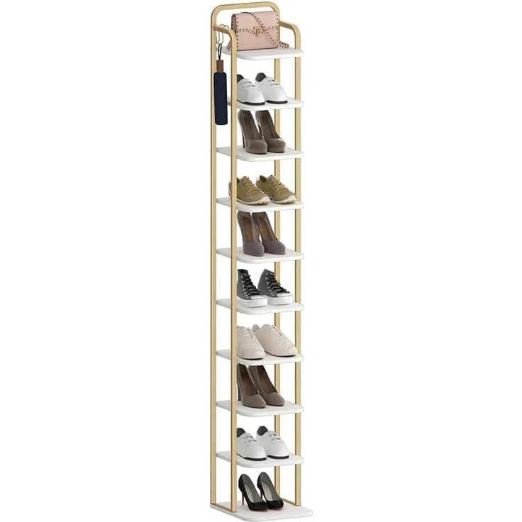 Vertikales Schuhregal, 10-stöckige Schuhregale, Schuhturm für Kleine Räume, Freistehend, Verstellbar, Platzsparend, Weiß Gold – Bild 2