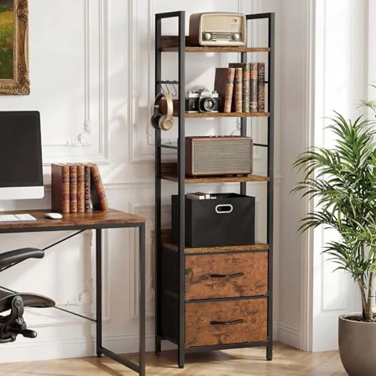 YITAHOME Industrie-Bücherregal, 4-stöckiges Regal mit verstellbaren Einlegeböden und 2 Stoffschubladen, freistehendes Präsentationsregal mit Metallrahmen für Wohnzimmer,Rustikales Braun – Bild 2