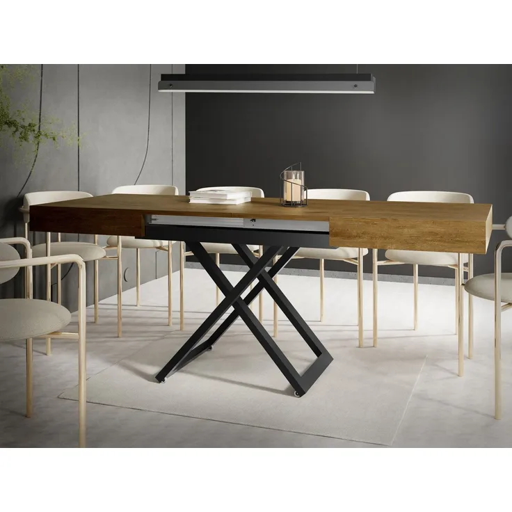 WFL GROUP Couchtisch Cavetta U höhenverstellbar ausziehbar mit schwarzen Metallbeinen (erhältlich in einer Größe – 120x80x27-76 cm, ausziehbar auf 200 cm), industrial Tisch in Holzoptik für Küche, Esszimmer oder Wohnzimmer