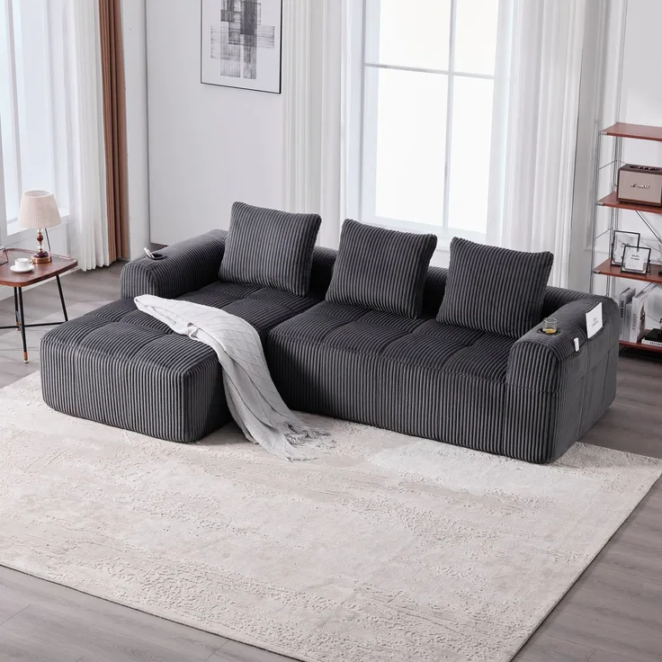 LVHOM Ecksofa 3 sitzer, Bodensofa mit Seitentaschen und Getränkehalter, Polstersofa aus Cordstoff, frei Kombination, Modulares Chaiselongue-Sofa-Set, 253x158x61 cm