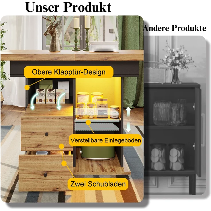 Abrihome Ausziehbarer Esstisch 110-140x80 cm für 4-6 Personen mit LED, Schwarz – Bild 6