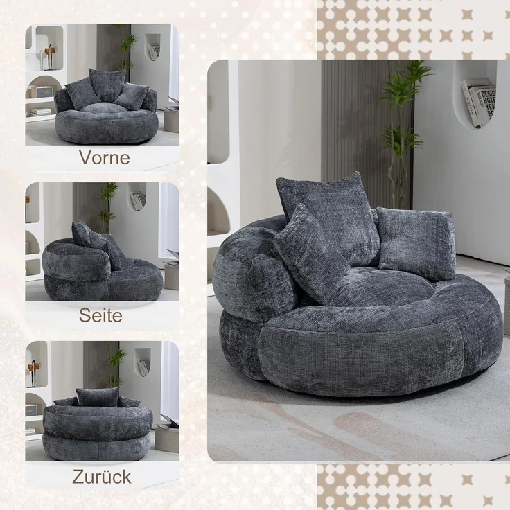 Couch Boneless Sitzsack 3 Kissen Chenille Outdoor Gaming Grau – Bild 6