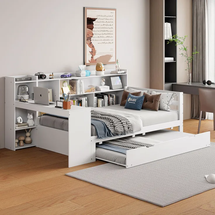 Multifunktionales Schlafsofa Weiß 90x200 Mit Ausziehbett USB Steckdose Stauraum Massivkiefer 120kg Tragkraft Gästebett Arbeitsbereich