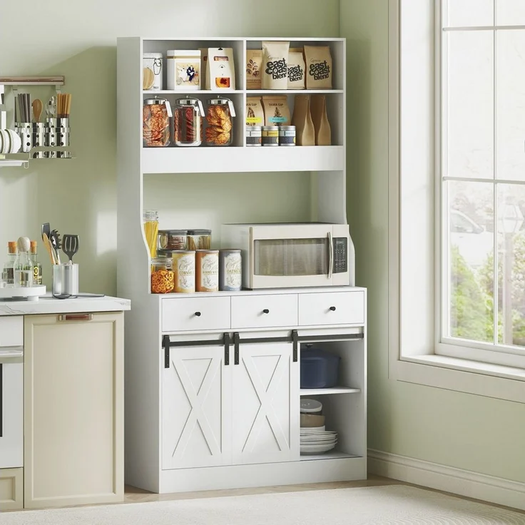 HOMCOM Küchenbuffet mit Arbeitsplatte, Schiebtüren, Schubladen, verstellbare Regale (Hochschrank, 1-St, Küchenschrank mit Regalen) für Küche Esszimmer 93,5 x 40 x 180 cm Weiß – Bild 5