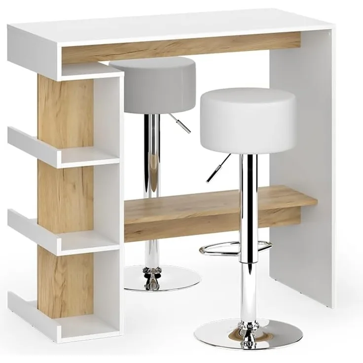 Bartisch-Set Dana Weiß/Goldkraft Eiche 108 x 50 cm mit 2 Barhockern Vicco
