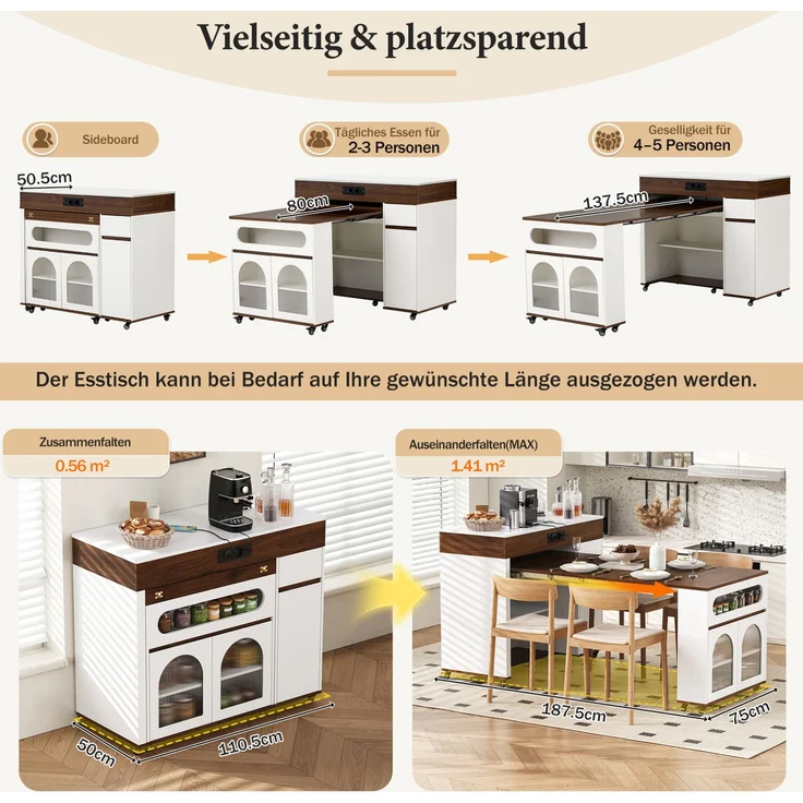 Kücheninsel aus MDF mit ausziehbarer Tischplatte, H 95,5 x T 110,5 x B 50,5 cm, Weiß/Walnuss – Bild 9