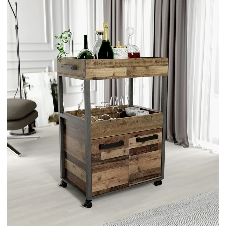 Servierwagen >Home Bar< auf Rollen, in Old-Wood Vintage Dekor / Betonoptik - 60x88,5x40cm (B/H/T) – Bild 1
