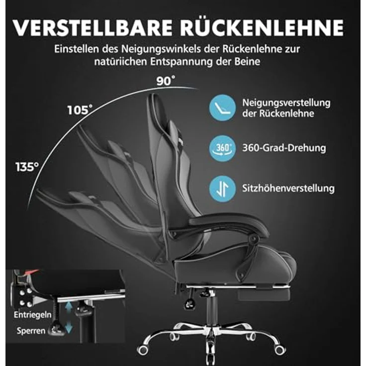 GTPLAYER Gaming Stuhl, Bürostuhl, Ergonomischer Pc Stuhl, Gaming Sessel mit Massagelendenwirbelstütze, Task Stühle mit Fußstütze und Kopfstütze, Grau Kunstleder – Bild 6