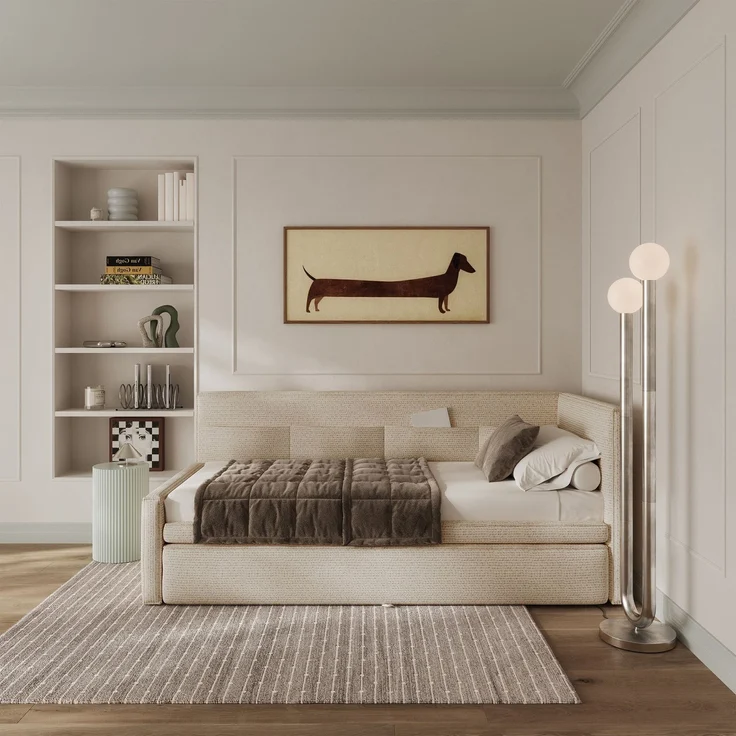 Selsey 'Nesmi' Polsterbett mit Bettkasten, Webstoff Hellbeige, 90x200 cm – Bild 3