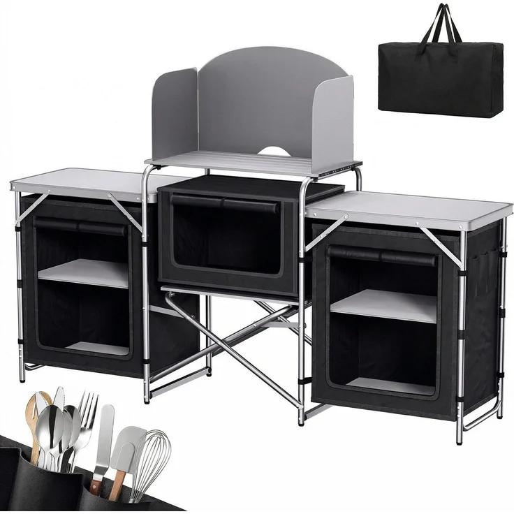 Sekey Campingschrank XXL Faltbar Campingküche mit Aluminiumgestell inkl. Windschutz und Tragetasche, Schwarz – Bild 3