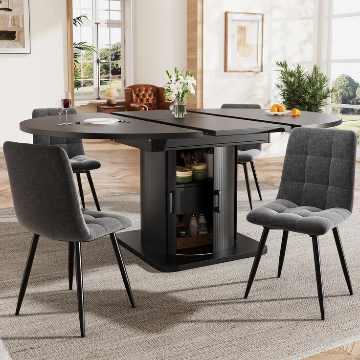 Esstisch 118-158x118x76 cm ausziehbar in Schwarz, MDF mit flexiblem Umbau und Stauraum – Bild 4