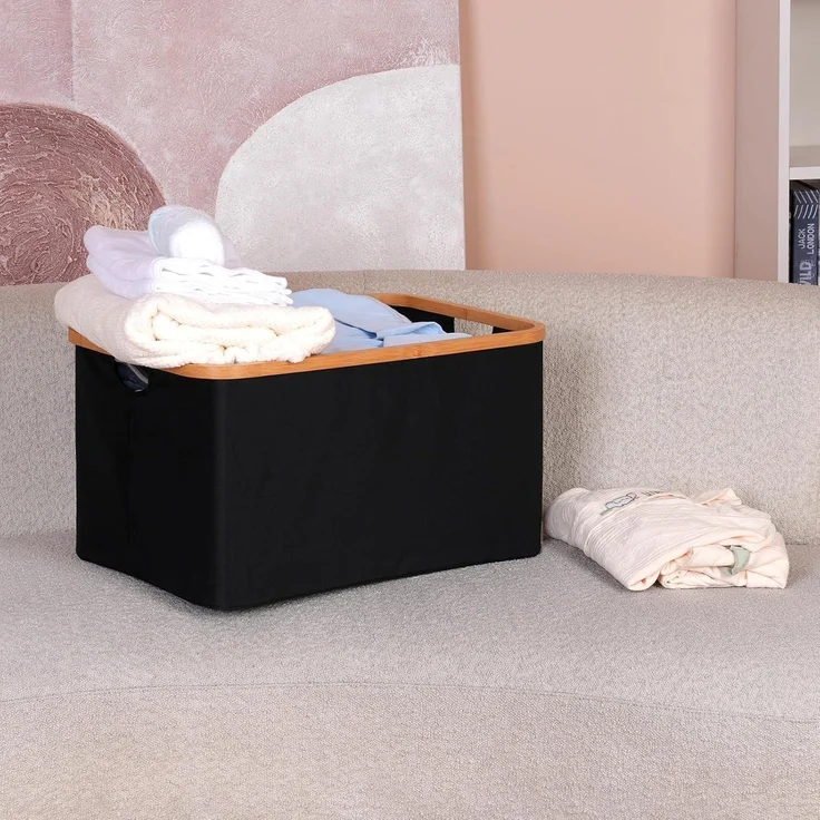 Faltbarer Wäschekorb 60L Bambus Stoff Storage Basket Aufbewahrung Klappbar – Bild 8
