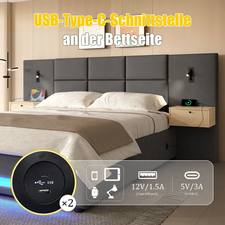 Abrihome Europäisches Polsterbett mit Samtkopfteil, LED, USB-C, Stauraum, Grau, 180x200 cm – Bild 4