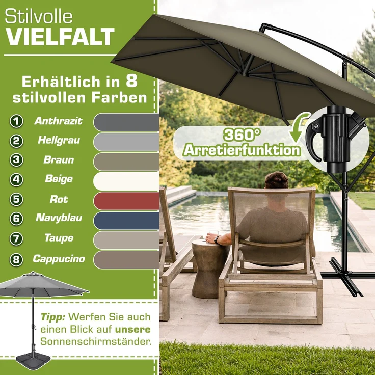 tillvex® Alu Sonnenschirm Rechteckig Ø 330 cm Braun + Abdeckung mit Kurbel | Ampelschirm Eckig mit Ständer & Windschutz | Gartenschirm UV-Schutz Aluminium | Kurbelschirm Marktschirm wasserdicht 360° drehbar – Bild 5