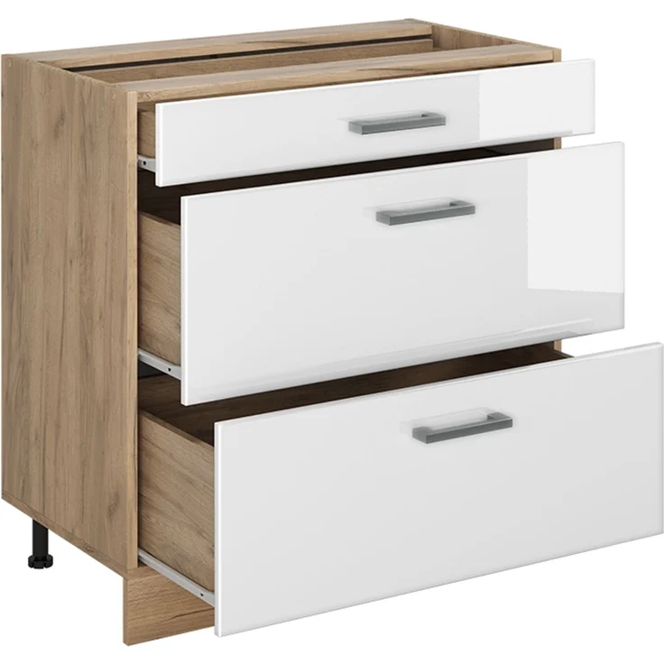 Küchenunterschrank R-Line Weiß Hochglanz/Goldkraft Eiche 80 cm mit 3 Schubladen Arbeitsplatte Anthrazit Vicco – Bild 3
