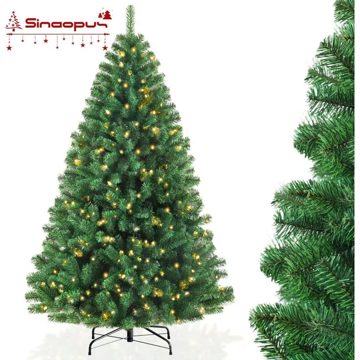 Sinaopus Künstlicher Weihnachtsbaum mit Beleuchtung, 180cm Weihnachstbaum aus PVC, Metallständer, Tannenbaum künstlich, schwer entflammbare, geruchlose PVC-Nadeln, 1200 Spitzen, 8 Lichtmodi, mit Lichterkette & Handschuhe