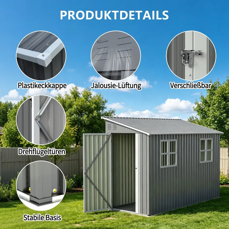 ZUBALIYA 4x10 Fuß (ca. 1, 2x3 m) Outdoor-Schwerlast-Metallschuppen mit Boden-Kit, Anlehn-Design mit links/rechts-Tür & 2 Fenstern, H 188.6 × T 291 × B 110.8 cm, Grau