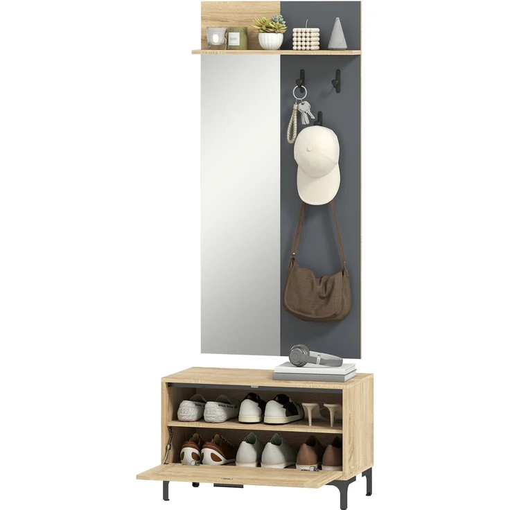 MELAYR, Garderobenset für Eingangsbereich, Schuhbank, Spiegel, 3 Haken, Offenes Regal, 60 x 13.5 x 127.5 cm, Naturholz – Bild 2
