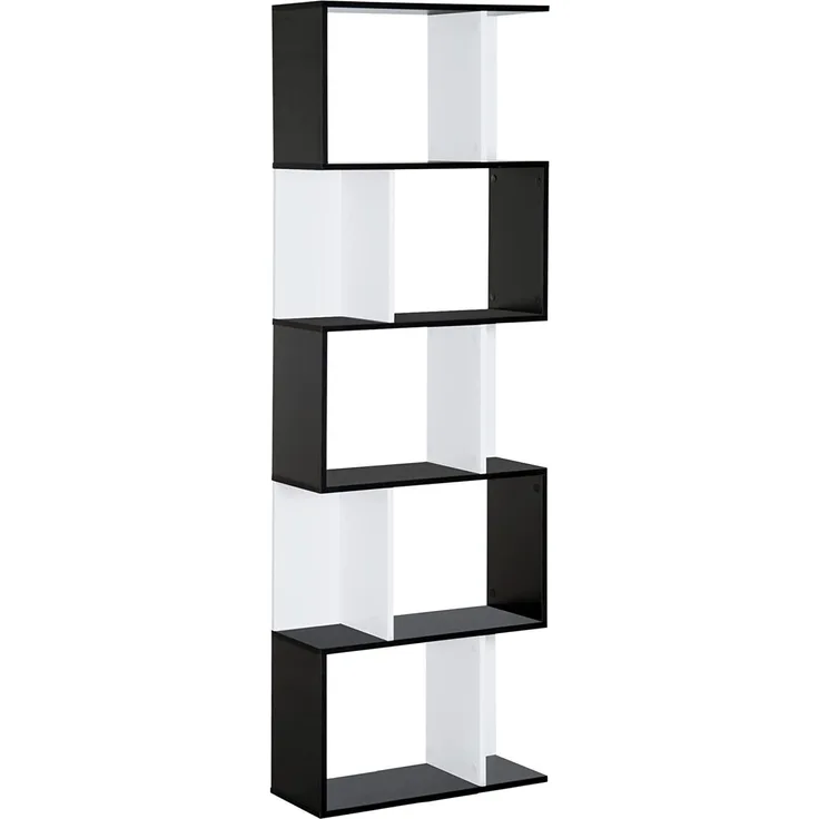 HOMCOM Bücherregal S-förmig Ausstellungsregal Standregal 5-stöckiger moderner Raumteiler Spanplatte Schwarz 60 x 24 x 184,5 cm
