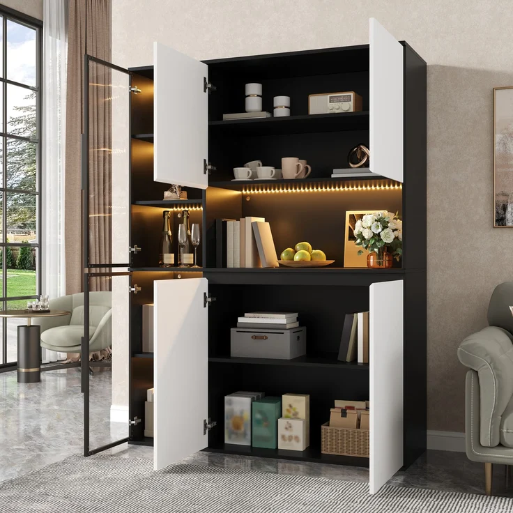 Hochschrank, Vitrine, Highboard, Anrichte, Schwarz-Weiß Optik, Glaselemente, integrierte LED-Leuchten, MDF-Korpus, geräumiger Stauraum, Esszimmerschrank, Wohnzimmerschrank--Schwarz, Weiß--120x40x160cm--YOUDENOVA – Bild 3