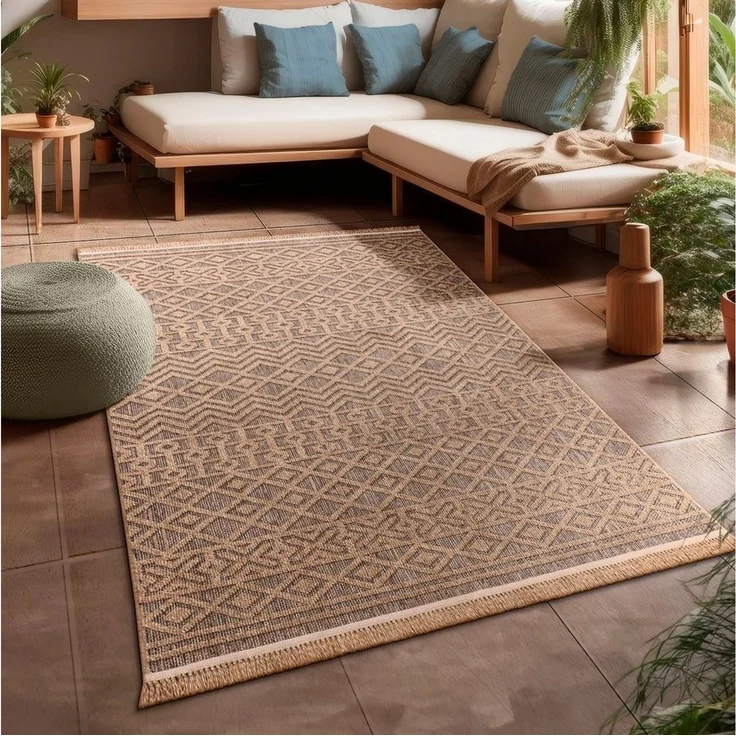 Paco Home Teppich Cologne 495, rechteckig, Höhe: 11 mm, Flachgewebe, meliert, Rauten Motiv, mit Fransen, Outdoor geeignet – Bild 5