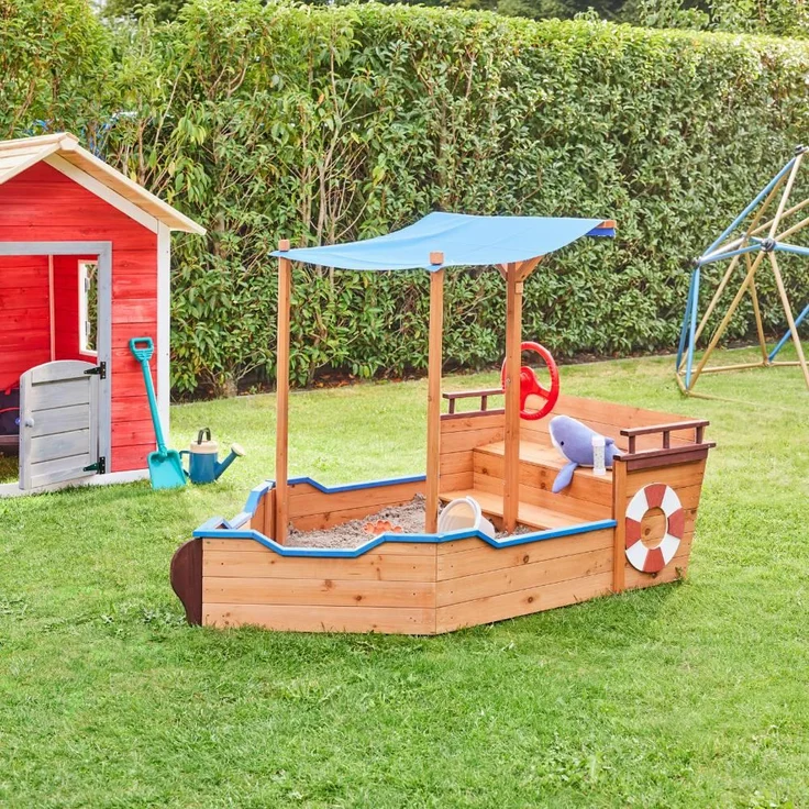 Home Deluxe 'Boot' Sandkasten inkl. Sonnenschutz und Bodenplane, Holz natur / blau, 103 x 78 x 160 cm – Bild 2