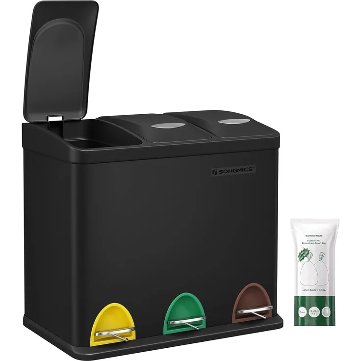 Songmics 3-in-1 Abfalleimer, Metall, 24 Liter, Schwarz
