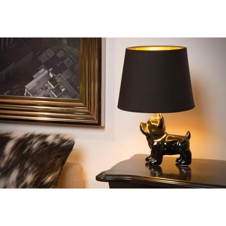 Lucide Sir Winston, Vintage Nachttischlampe mit Bulldoggen-Design und Leinenlampenschirm, 31,5 cm – Bild 4