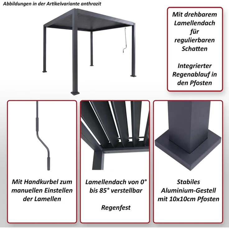 Pergola HWC-P65, Terrassenüberdachung Gartenpavillon Lamellen-Pavillon, 10cm-Aluminium-Gestell 3x3m ~ anthrazit – Bild 2
