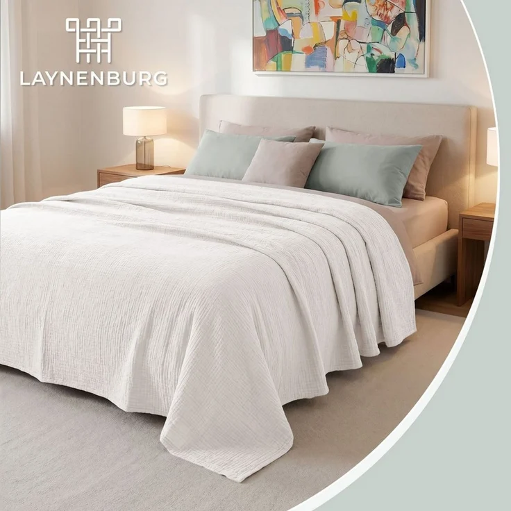 LAYNENBURG Premium Musselin Tagesdecke 150x200-100% Baumwolle - extraweiche Baumwolldecke als Kuscheldecke, Bett-Überwurf, Sofa-Überwurf, Couch-Überwurf - warme Sofa-Decke (Creme-Ecru) – Bild 2