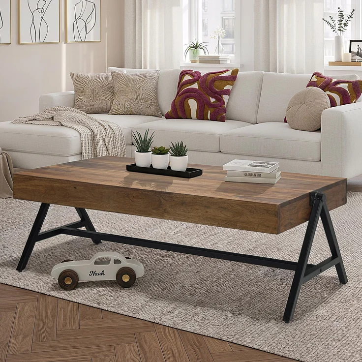 FineBuy Couchtisch Sheesham Massivholz rechteckig 120cm · Wohnzimmertisch mit Metallgestell · Handgefertigter Sofatisch im modernen Industrial Design mit stabiler Tischplatte – Bild 1