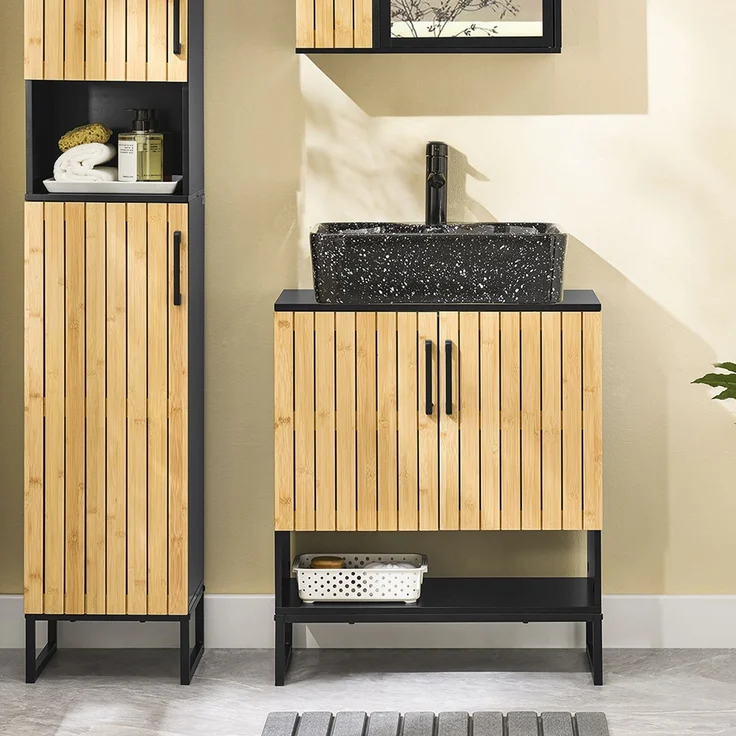 SoBuy BZR202-SCH Waschbeckenunterschrank, MDF, Lackiert, Bambus, 60 x 70 x 30 cm – Bild 5