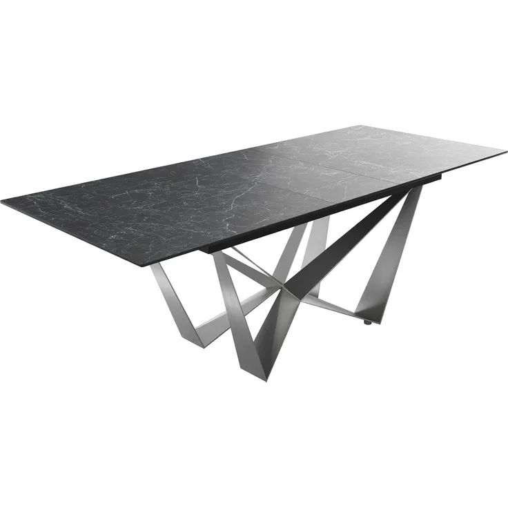 Esstisch Edge 180-220x100cm Keramik Laminam®Nero Greco Anthrazit Mittelfuß Flachstahl Silber ausziehbar